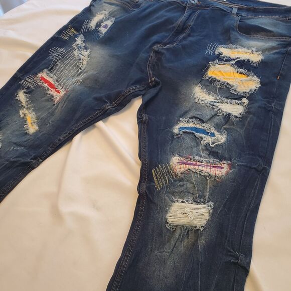 Evolution In Design Y2K Mens Slim Skinny Jeans 43X31 Blue Distressed Whisk Denim - Picture 3 of 9